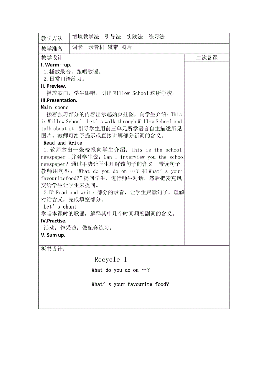 【精品】【人教版】五年级上册英语：教案全集Recycle 1 单元教案 4_第2页