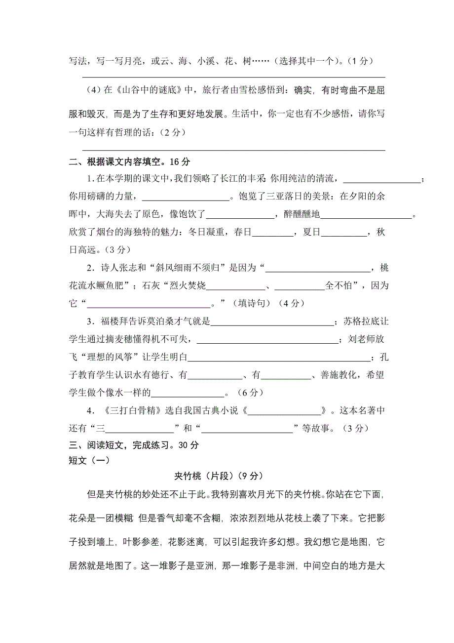 明思教育语文六年级(下册)期末水平测试卷_第2页