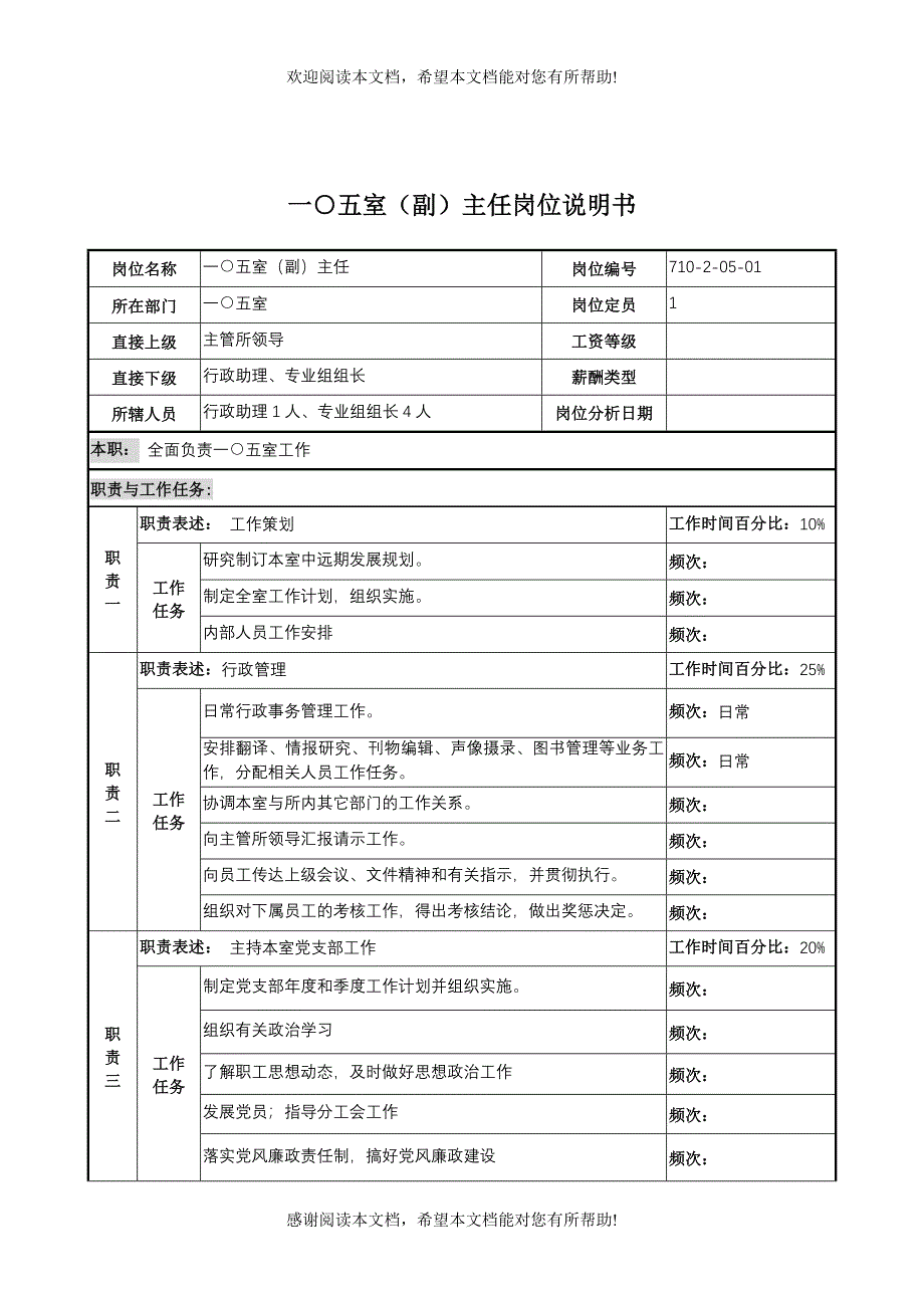 XX重工研究所105室（副）主任岗位说明书_第1页