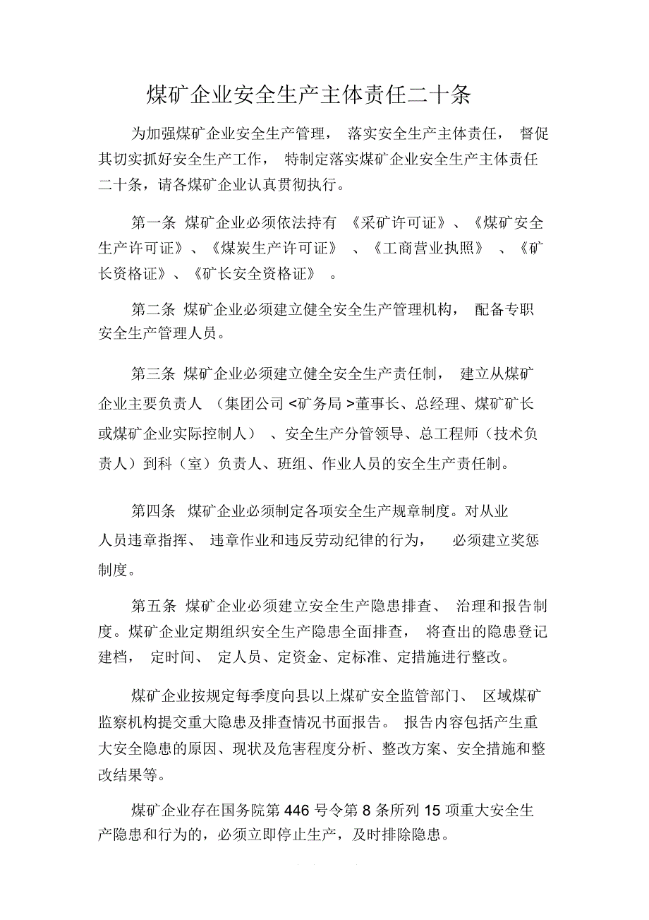 煤矿企业安全生产主体责任二十条_第1页