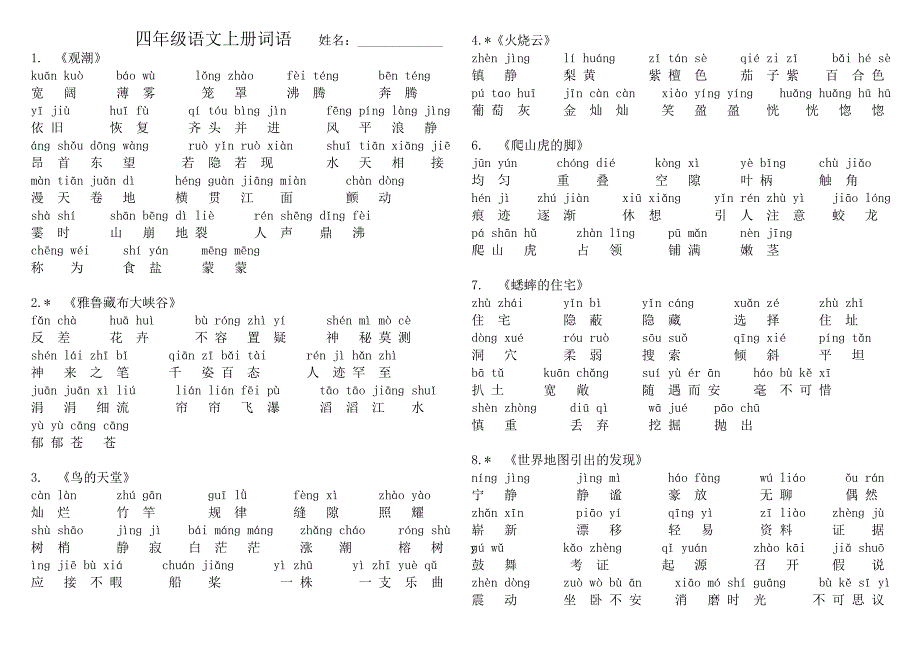 人教版语文四年级上册词语表(带拼音)_第1页