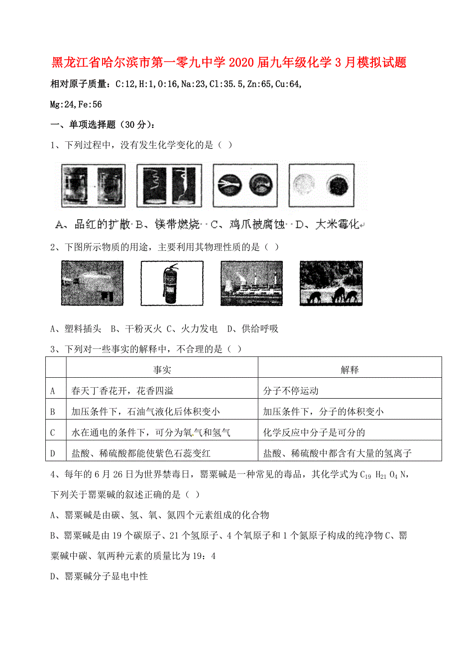 黑龙江省哈尔滨市第一零九中学九年级化学3月模拟试题无答案_第1页