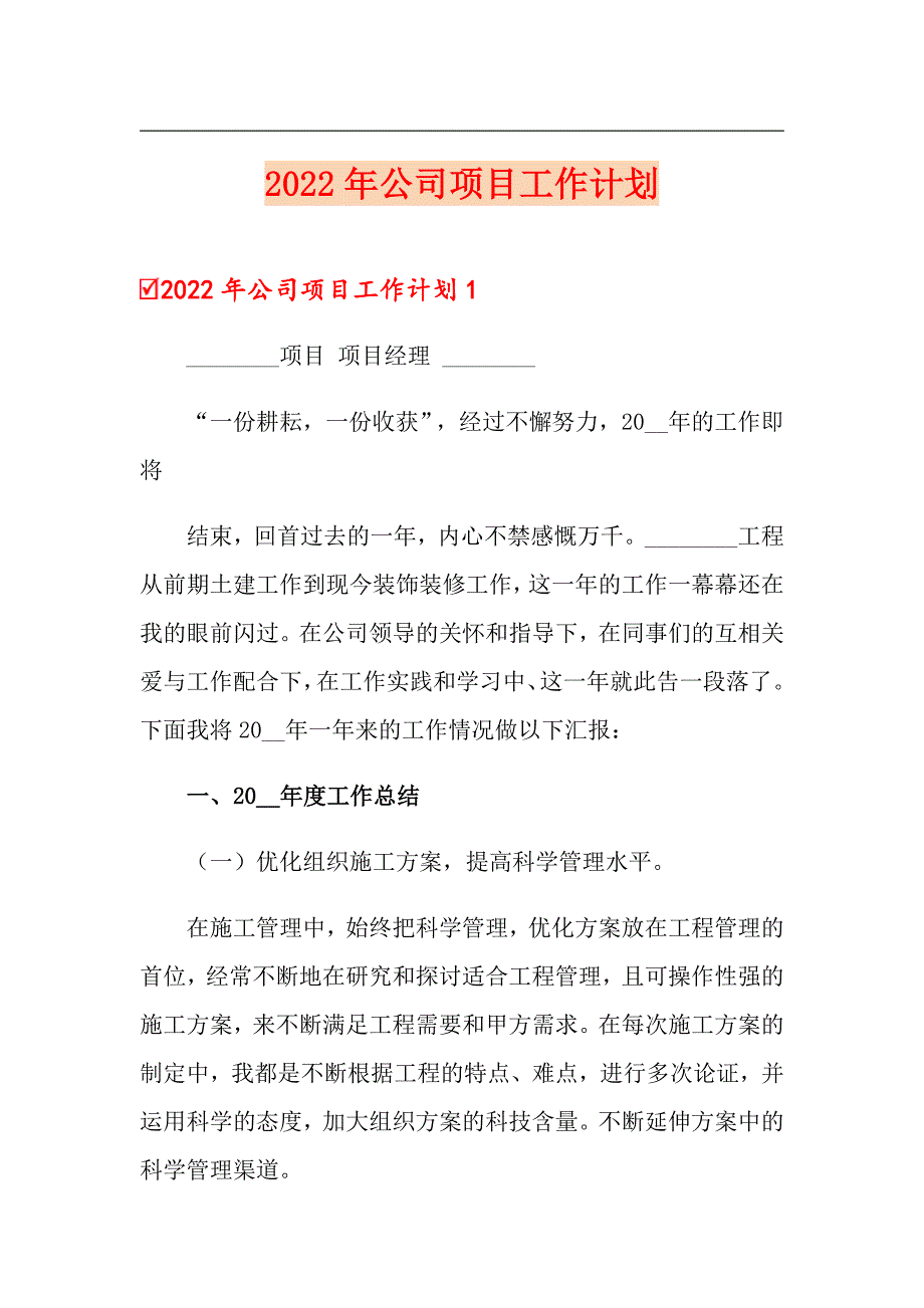 2022年公司项目工作计划_第1页