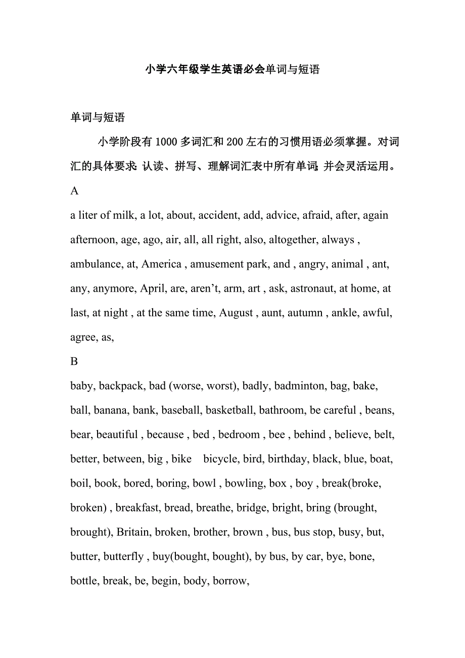 小学六年级学生英语必会单词与短语_第1页