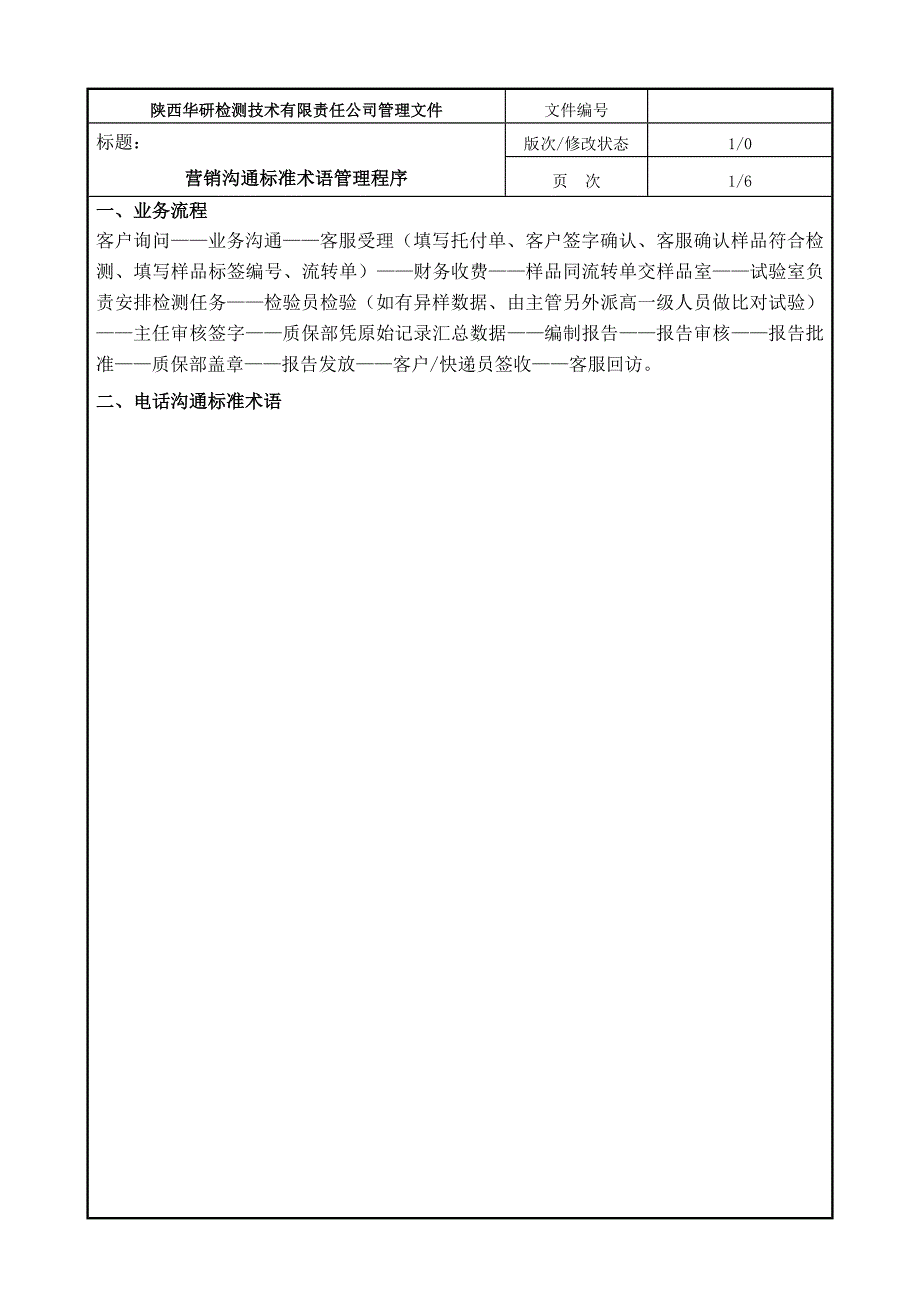 电话营销沟通标准术语管理程序_第1页