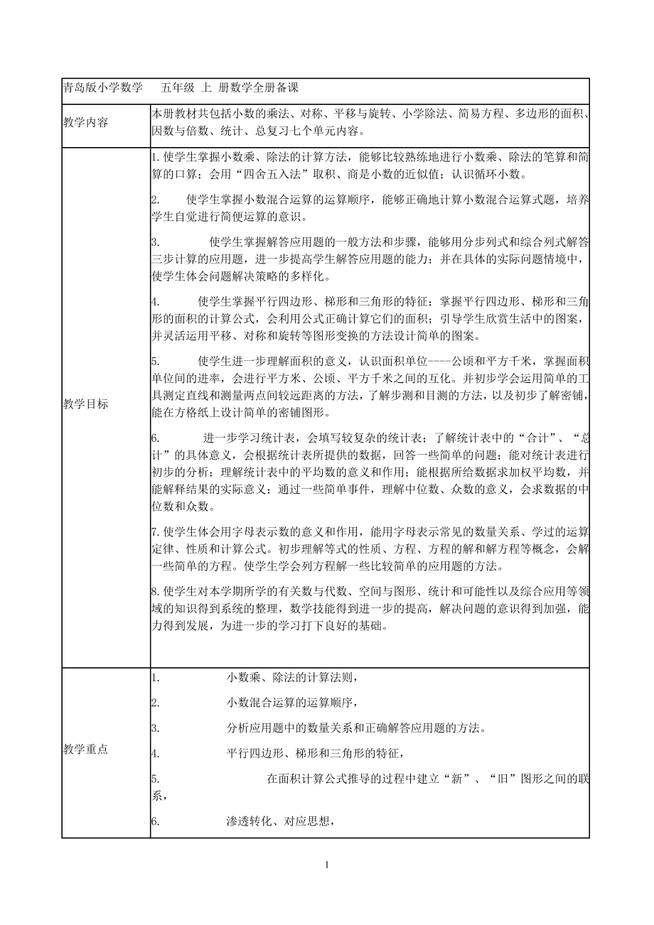青岛版小学五年级数学上册教案[全册]_第1页
