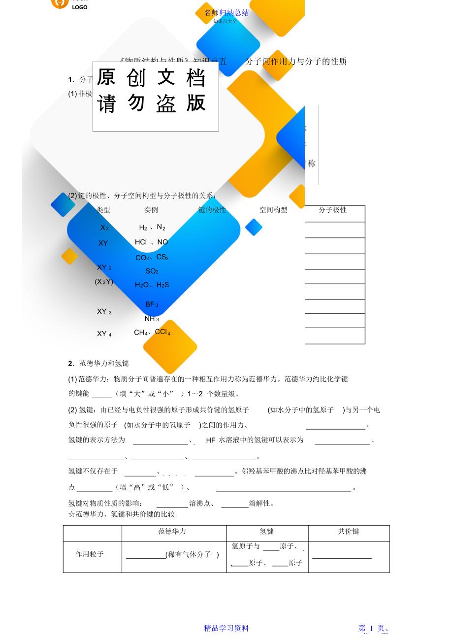 知识点总结5分子间作用力与分子的性质_第1页