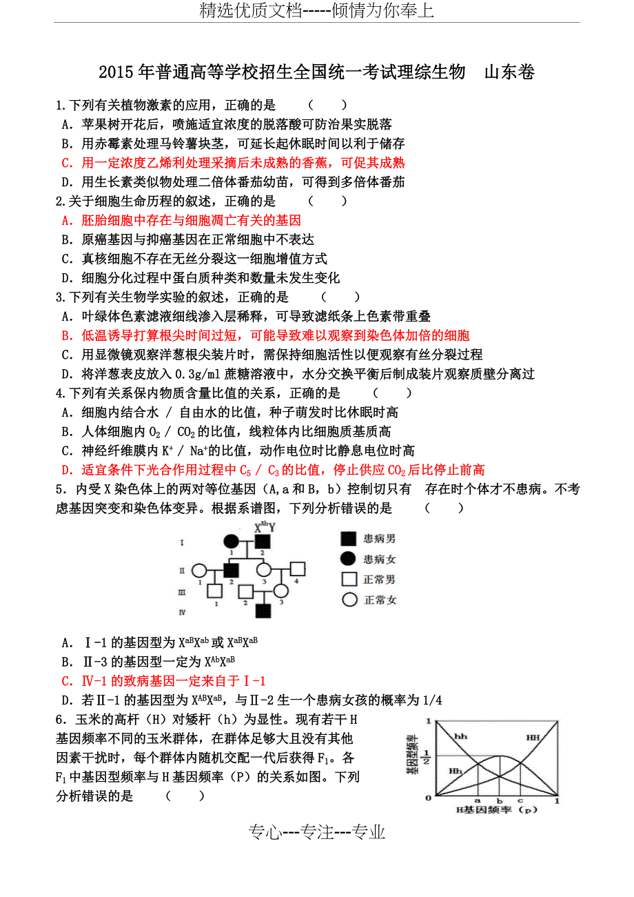 2015年山东理综卷生物部分答案解析_第1页