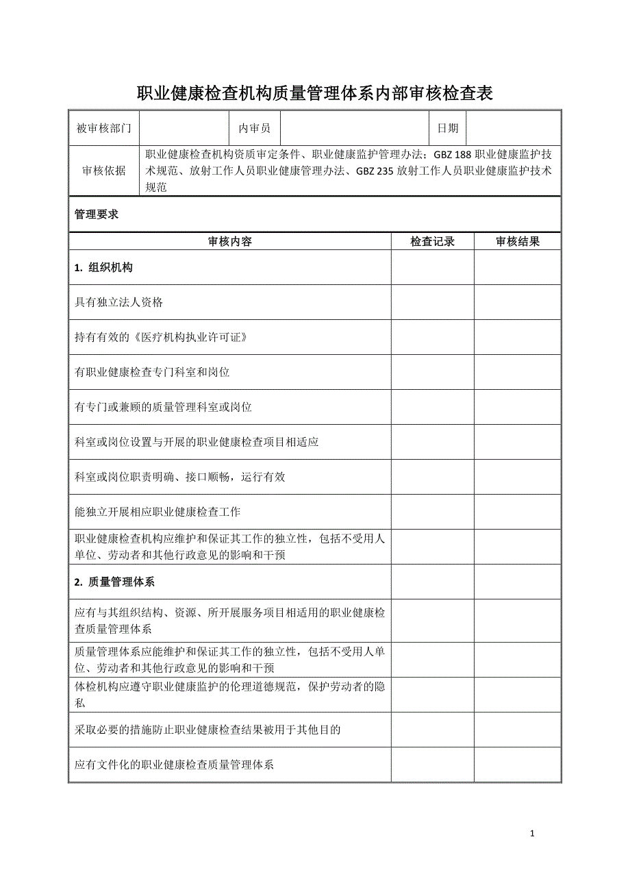 职业健康检查机构质量管理体系内部审核检查表.doc_第1页