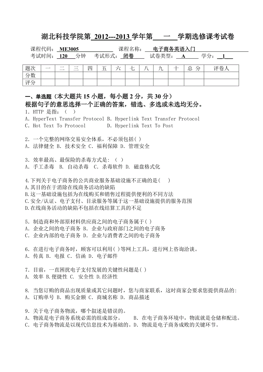 电子商务英语入门试卷A_第1页