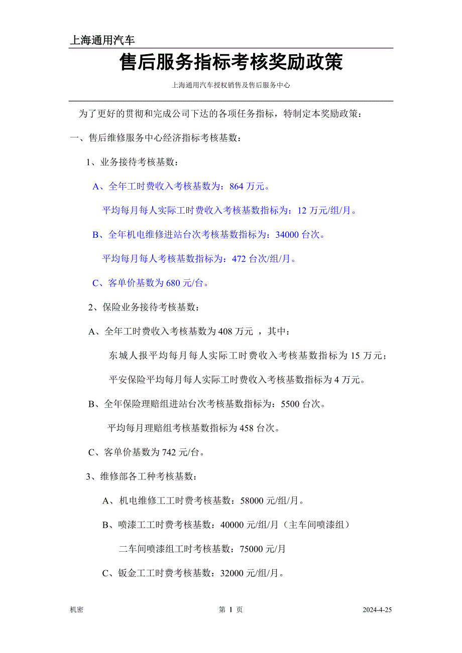 上海通用汽车售后服务指标考核奖励政策_第1页