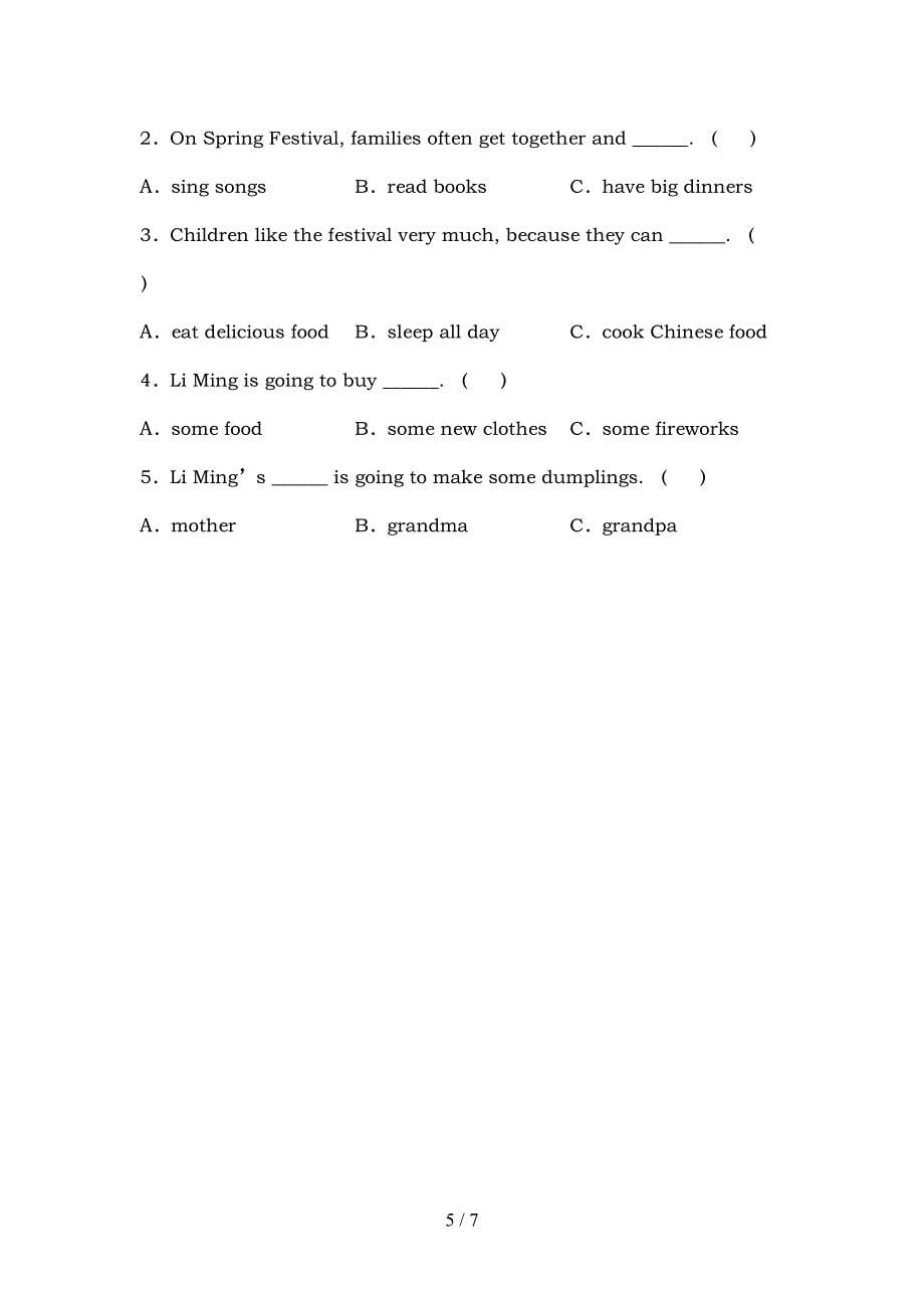 新版PEP六年级英语上册期中考试卷(A4打印版).doc_第5页