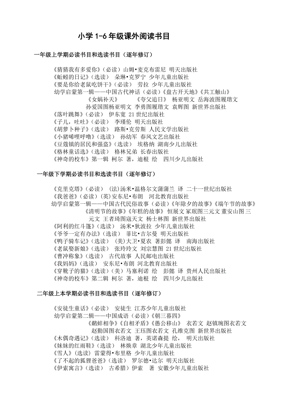 小学1-6年级课外阅读书目_第1页