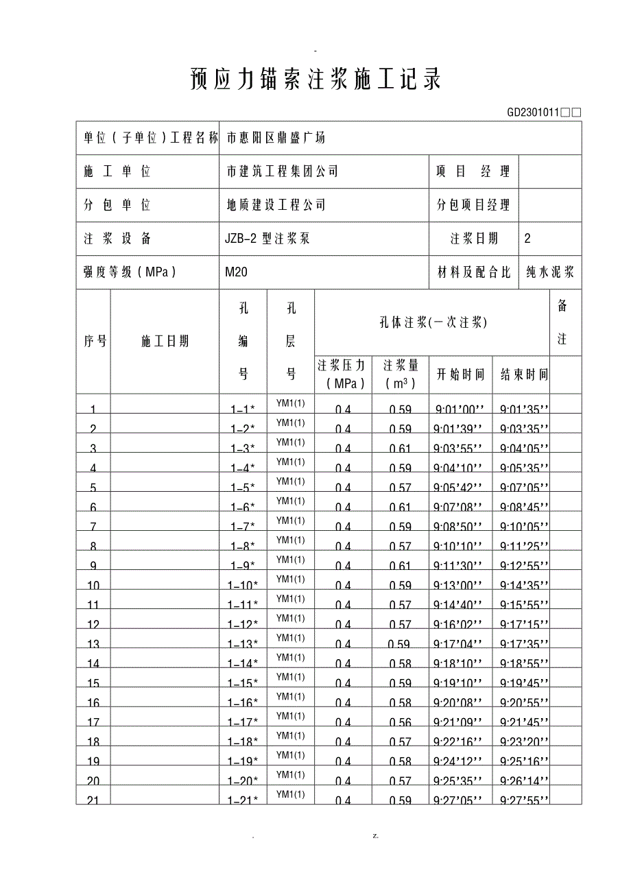 11预应力锚索注浆施工记录_第1页