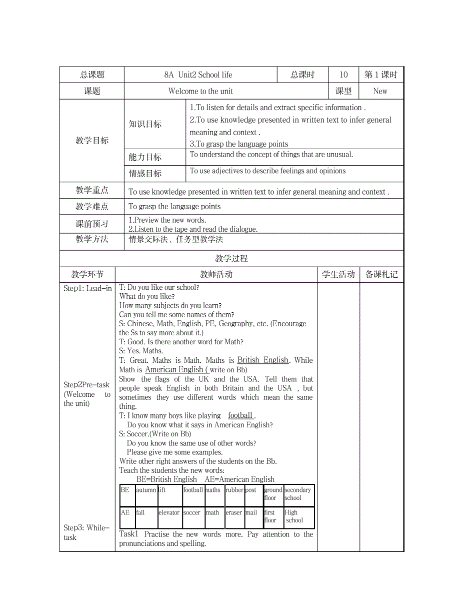 六都学校八年级英语上册牛津译林版教案Unit 2 School life_小学教育-小学学案_第1页