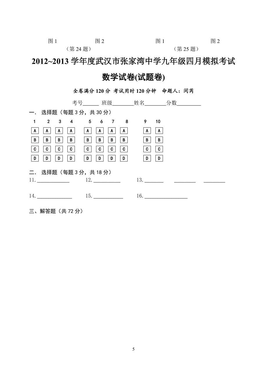 2013年武汉市中考数学模拟试卷_第5页