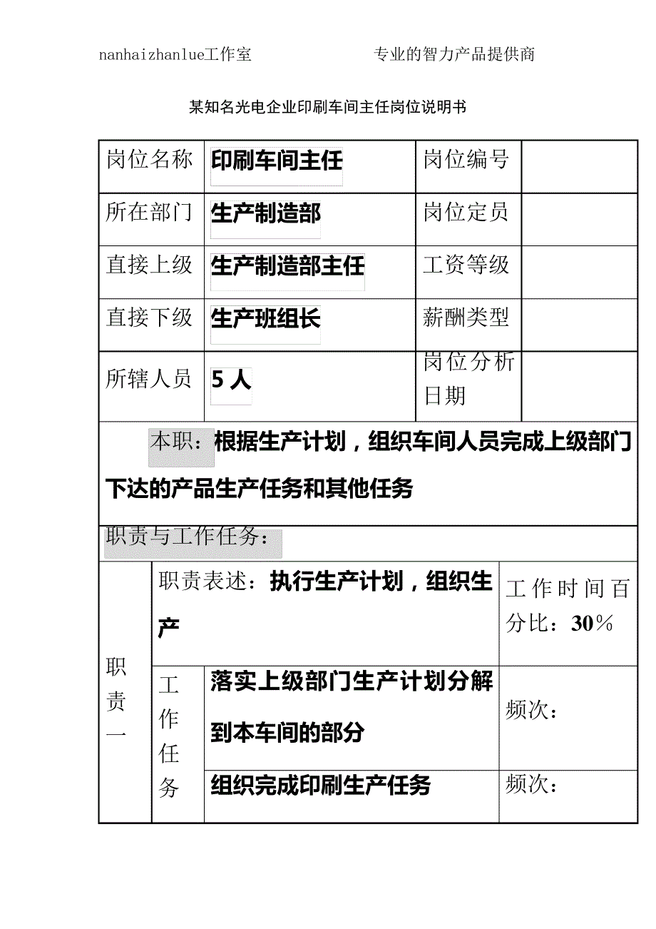 某知名光电企业印刷车间主任岗位说明书_第2页