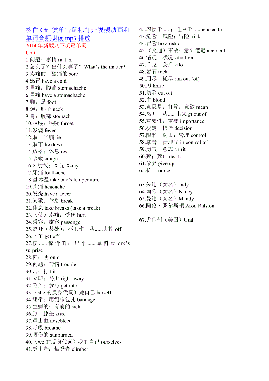 新2014年人教版八年级下册英语单词汇总表(每单元1页)_第1页