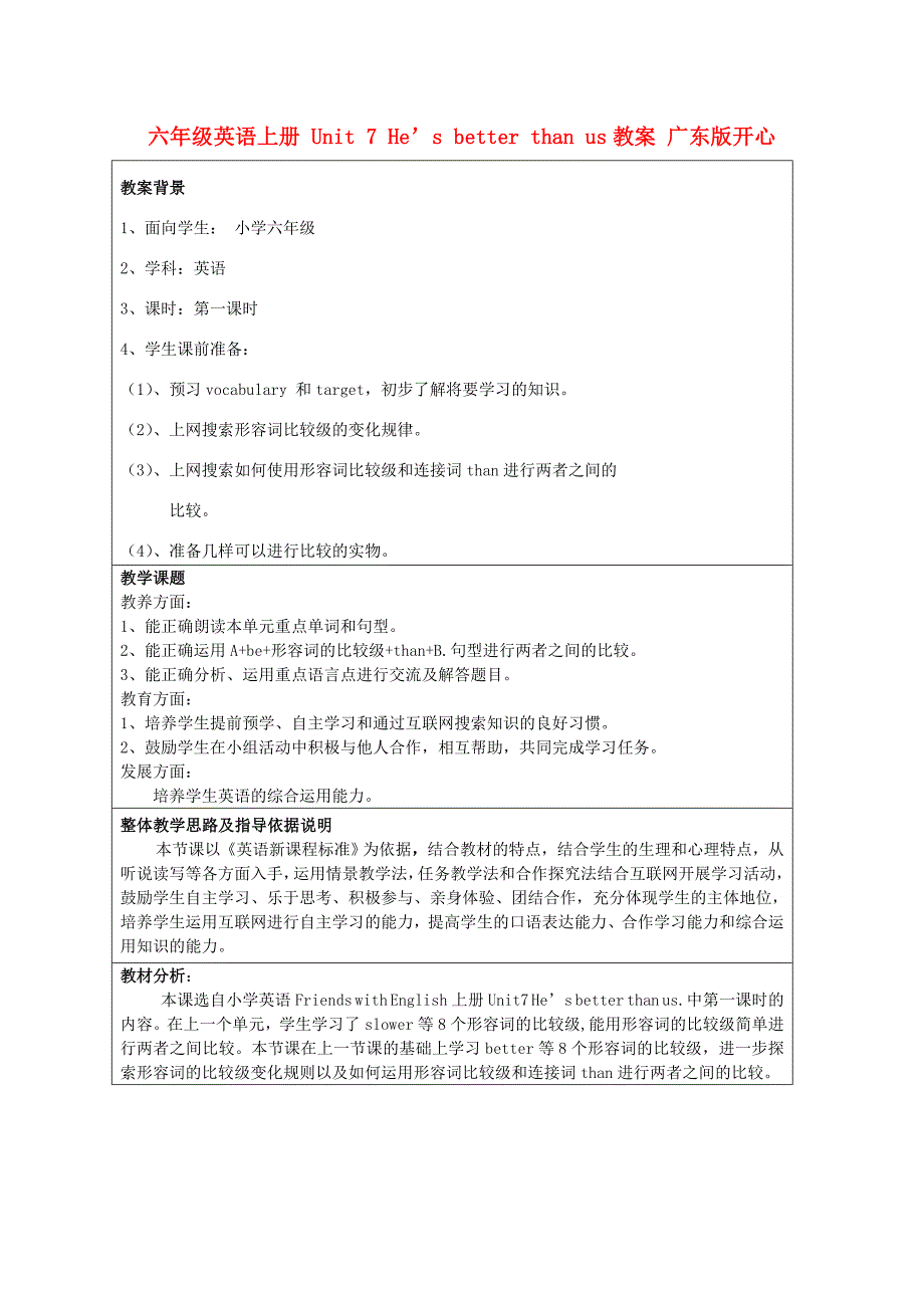 六年级英语上册 Unit 7 He’s better than us教案 广东版开心_第1页