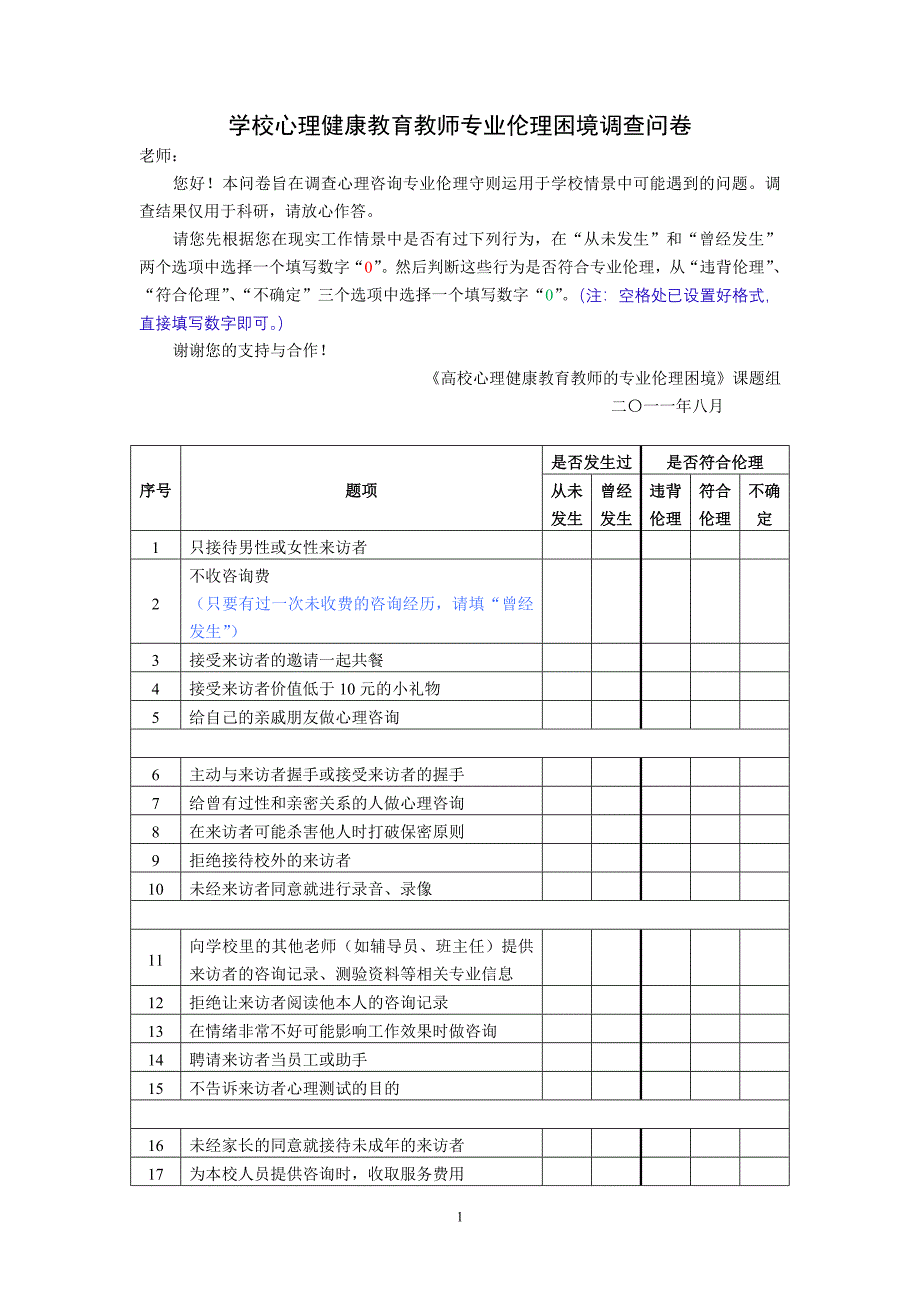 心理健康教师专业伦理问卷.doc_第1页