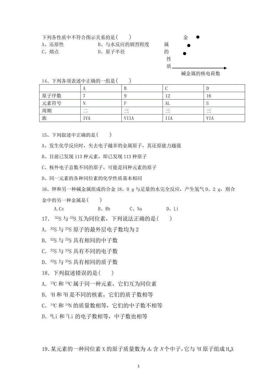 高中化学(必修2)第一章第一节《元素周期表》测试卷_第3页