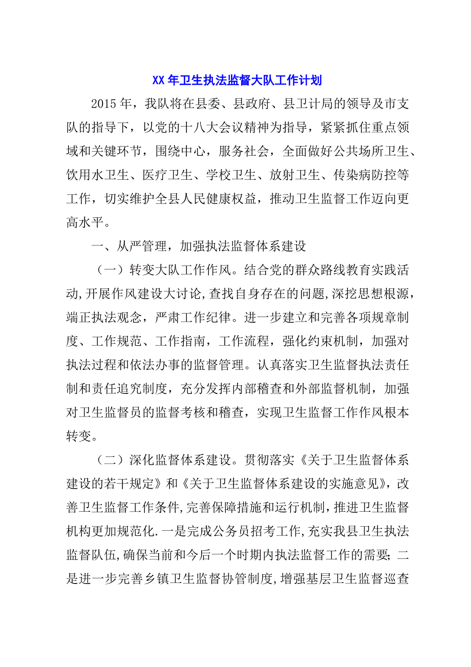 某年卫生执法监督大队工作计划.docx_第1页