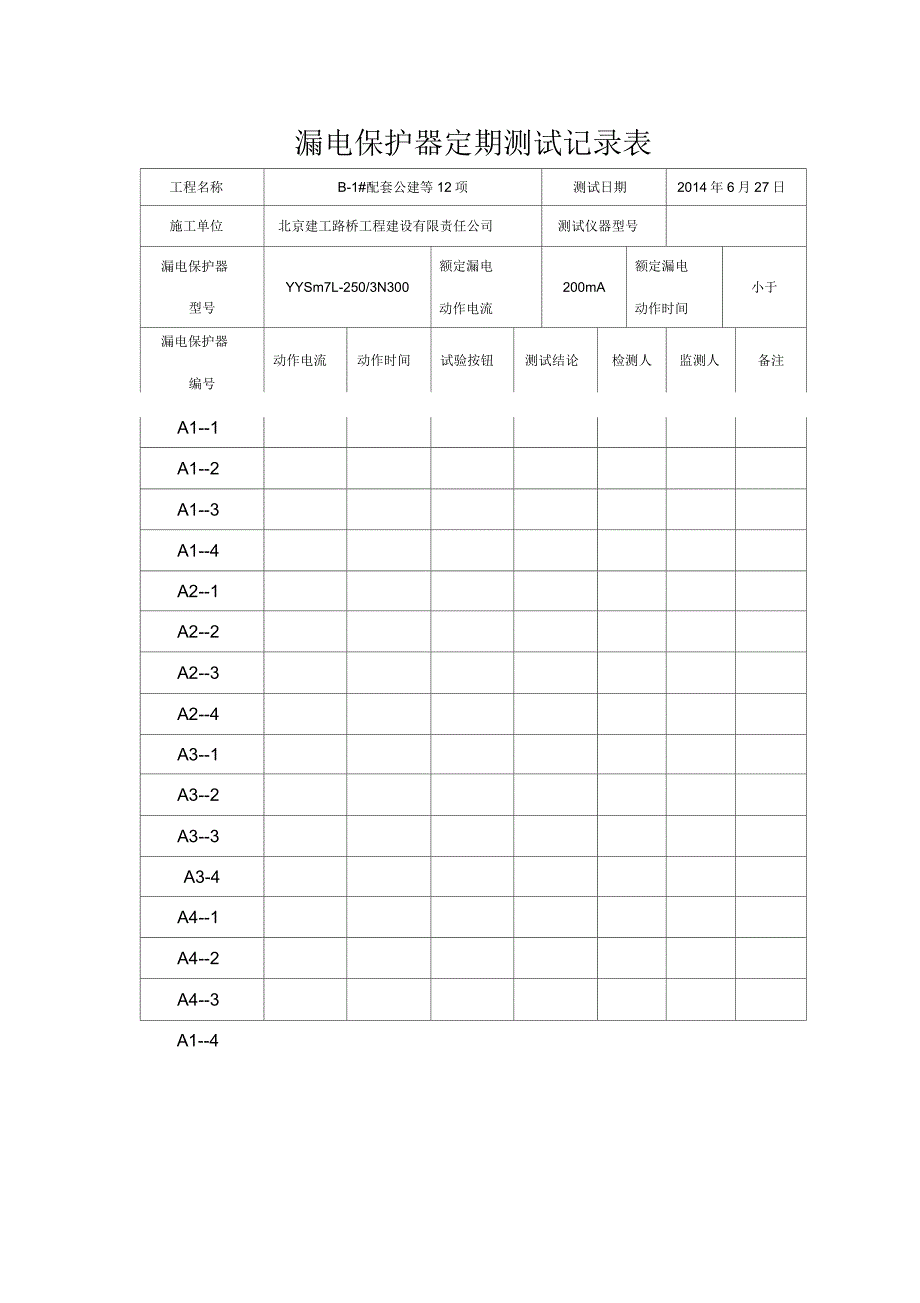 漏电保护器定期测试记录表(A箱)_第1页