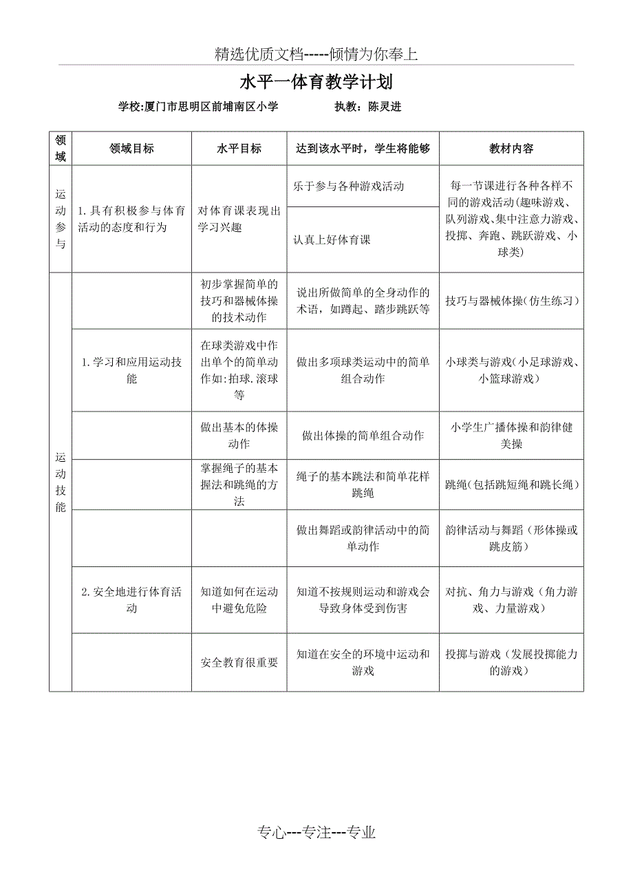 水平一体育教学计划_第1页