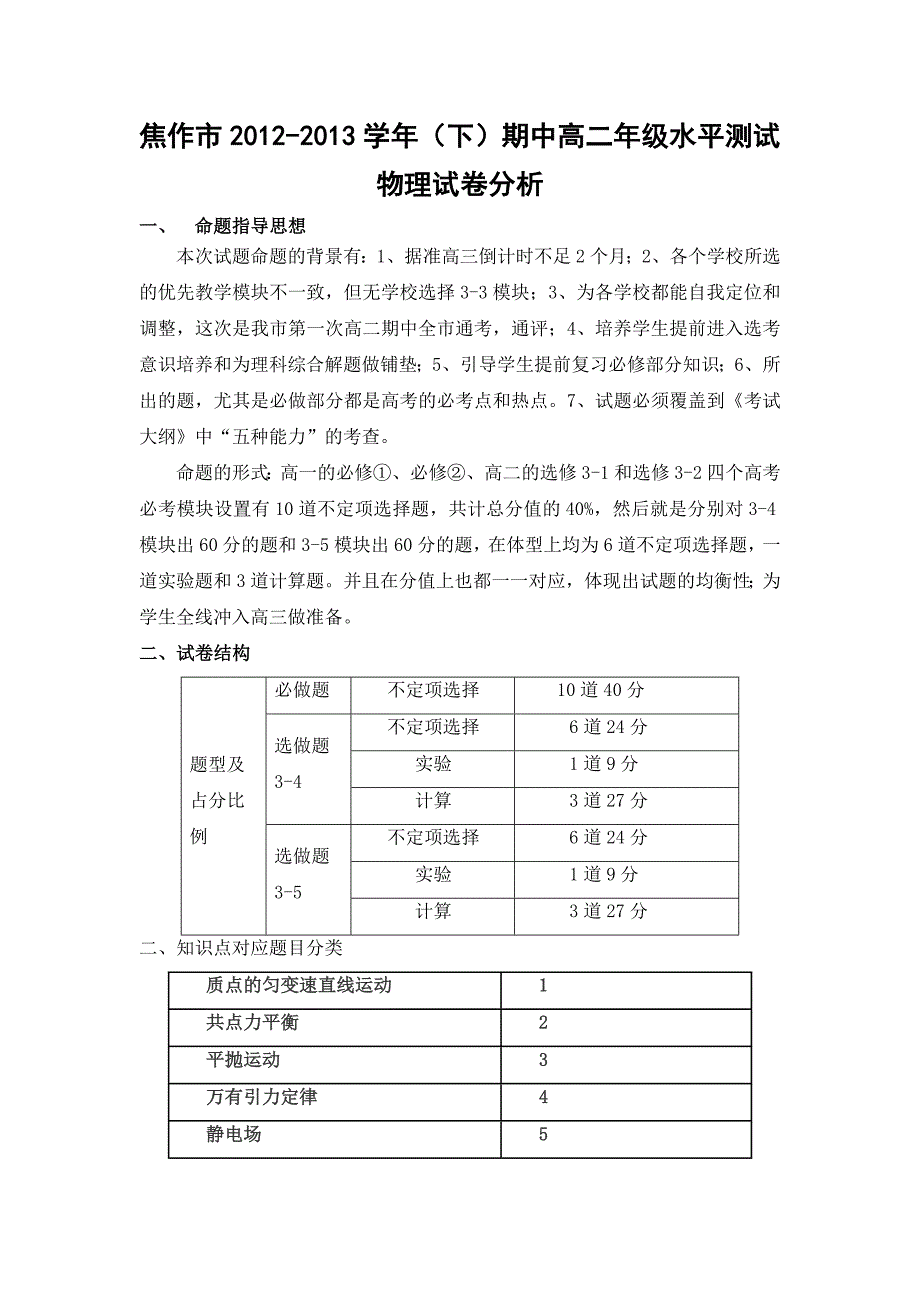 2012-2013学年(下)期中考试高二物理试卷分析_第1页