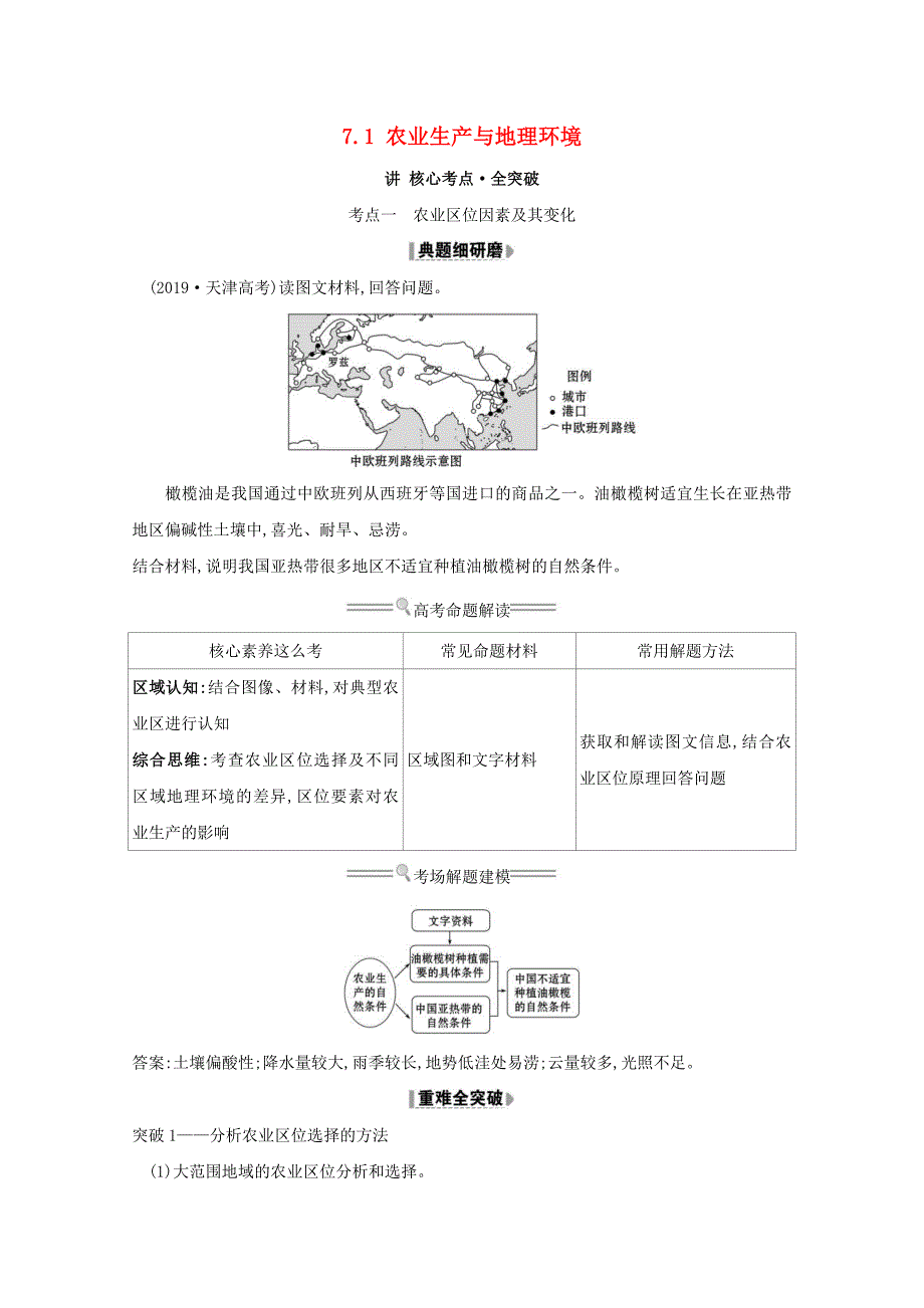 2021版高考地理大一轮复习第七单元产业活动与地理环境71农业生产与地理环境练习鲁教版_第1页