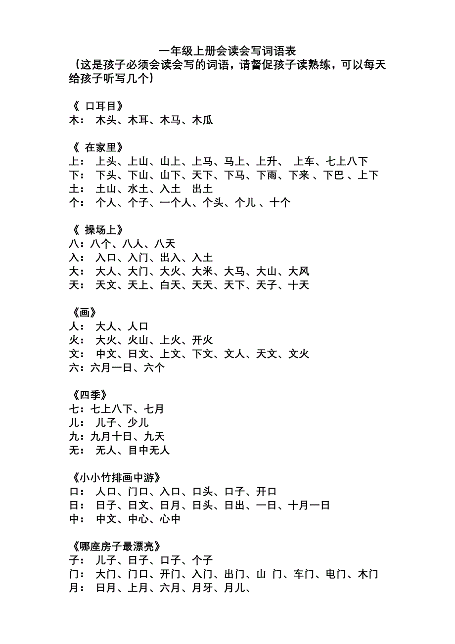 语文一年级上会读会写词语_第1页