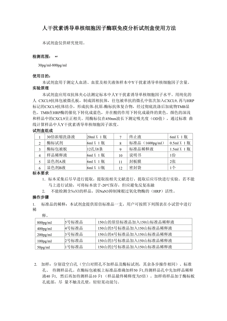 人γ干扰素诱导单核细胞因子酶联免疫分析试剂盒使用方法概论_第1页