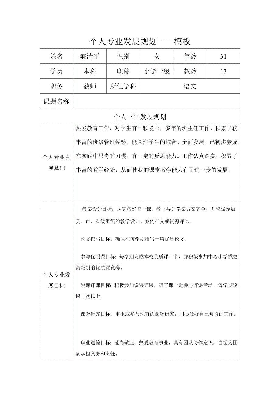 个人专业发展规划模板修改.doc_第1页