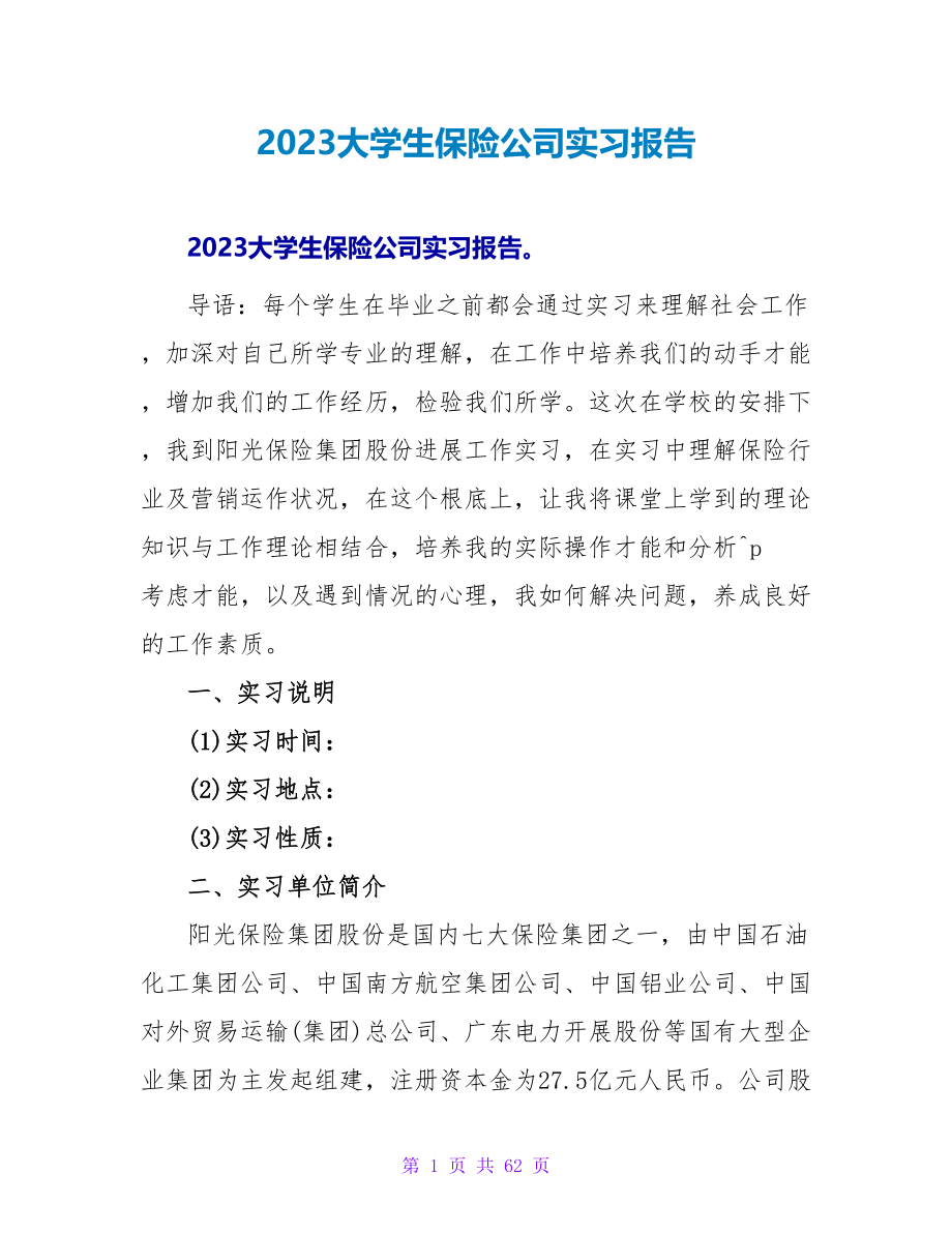 2023大学生保险公司实习报告_第1页