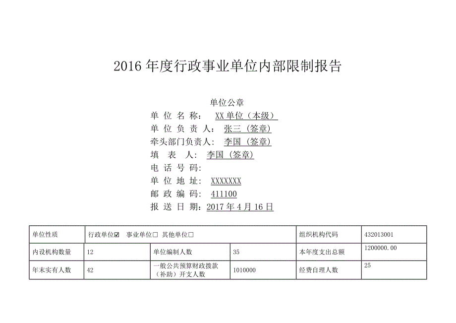 行政事业单位内部控制报告填制模板(附表1)_第1页