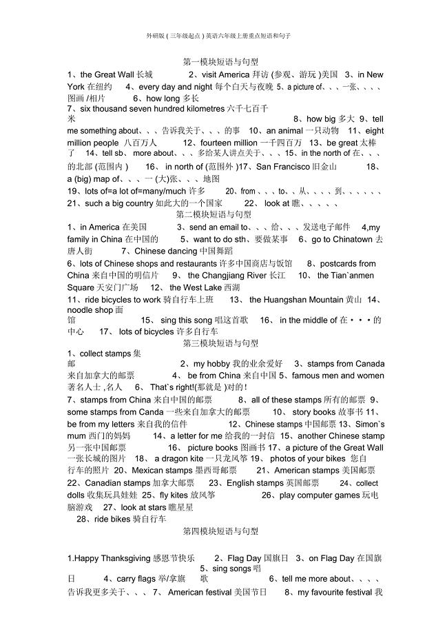 外研版(三年级起点)英语六年级上册重点短语和句子