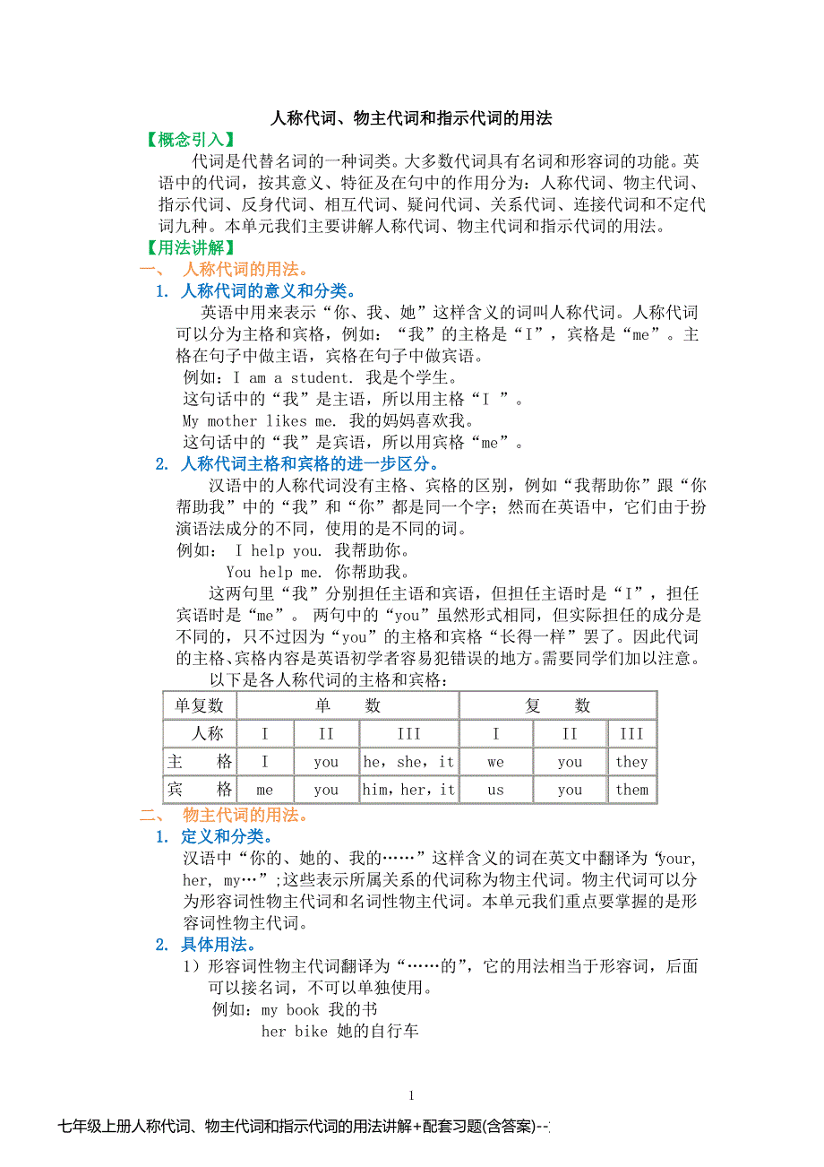 七年级上册人称代词、物主代词和指示代词的用法讲解+配套习题(含答案)_第1页