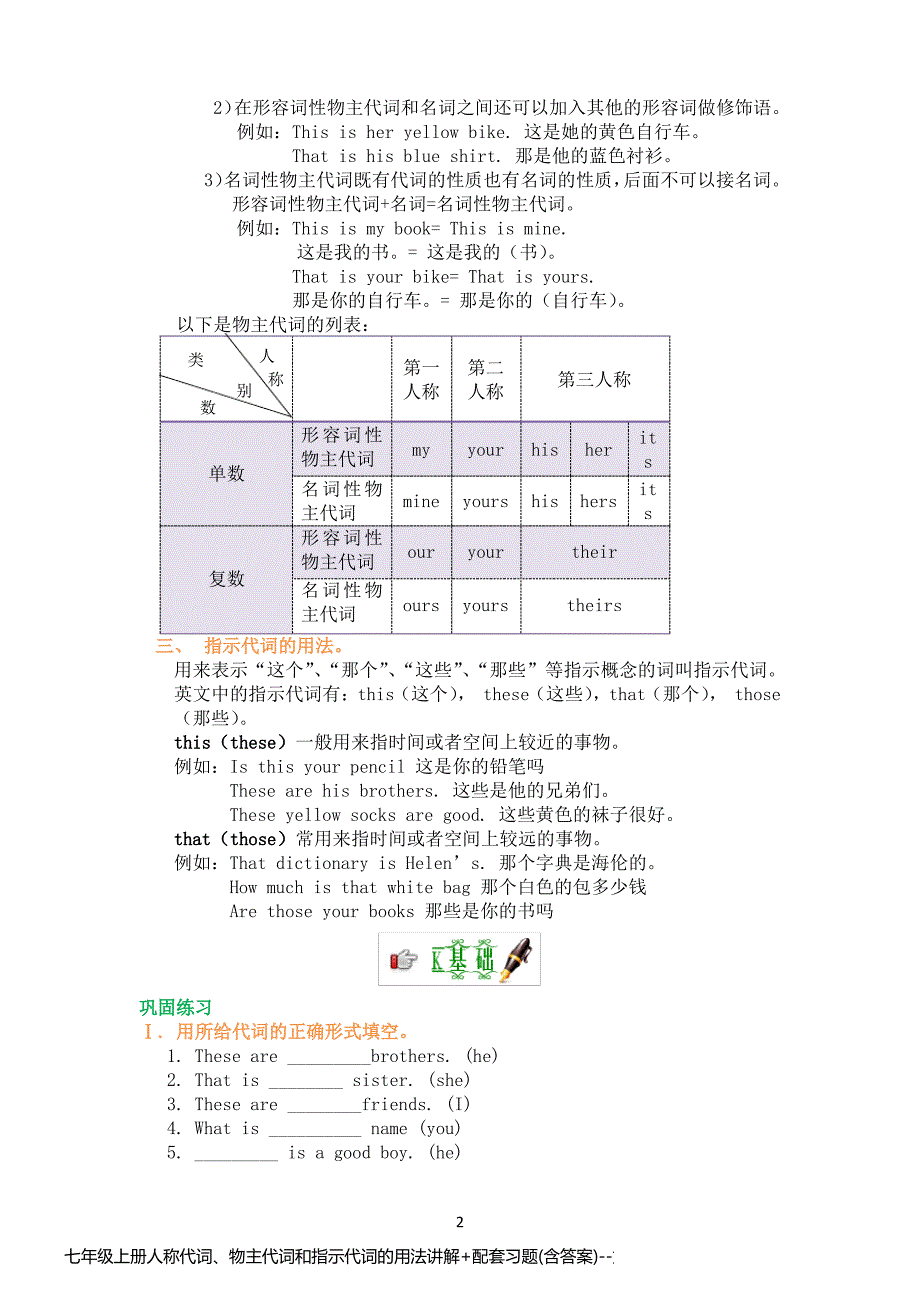 七年级上册人称代词、物主代词和指示代词的用法讲解+配套习题(含答案)_第2页