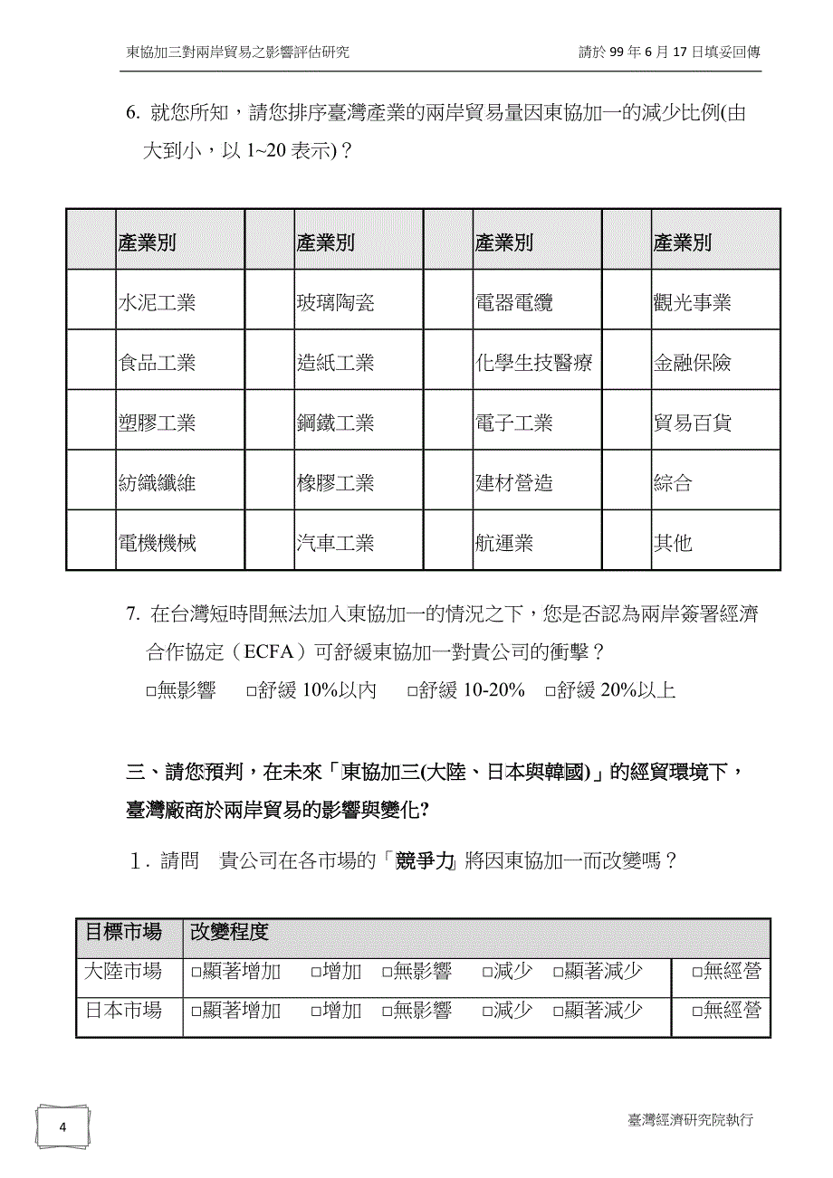 东协加三对两岸贸易之影响评估调查问卷_第4页