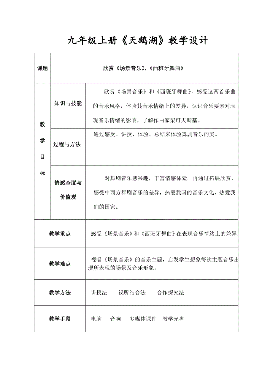 九年级上册《天鹅湖》教学设计.doc_第1页