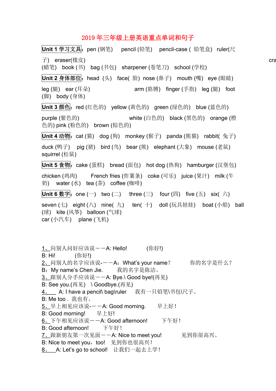 2019年三年级上册英语重点单词和句子.doc_第1页