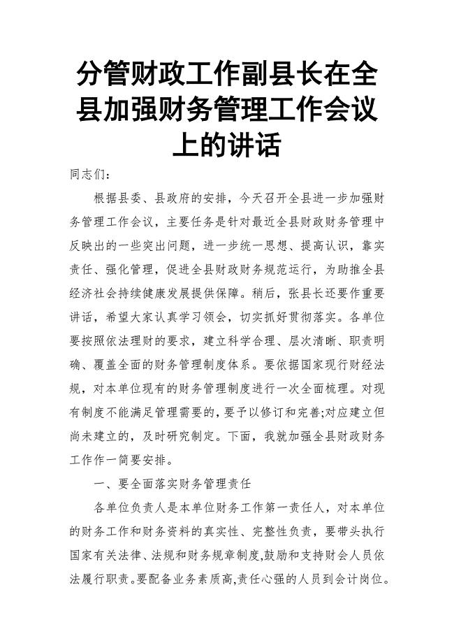分管财政工作副县长在全县加强财务管理工作会议上的讲话