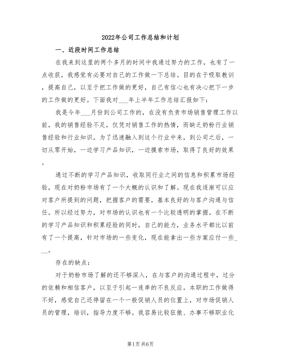 2022年公司工作总结和计划_第1页