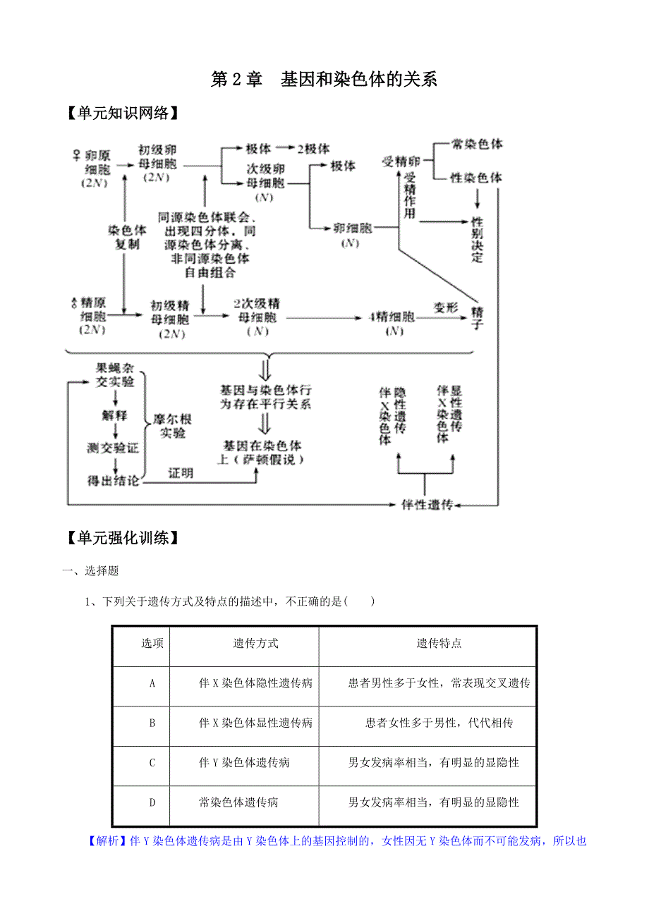 2012版生物一轮精品复习学案：第2章 基因和染色体的关系(单元复习)(必修2).doc_第1页