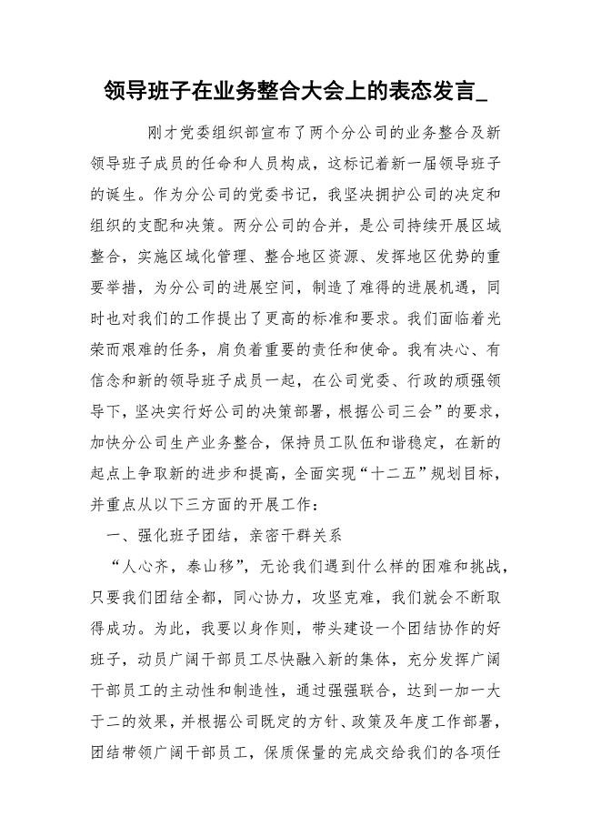 领导班子在业务整合大会上的表态发言_.docx