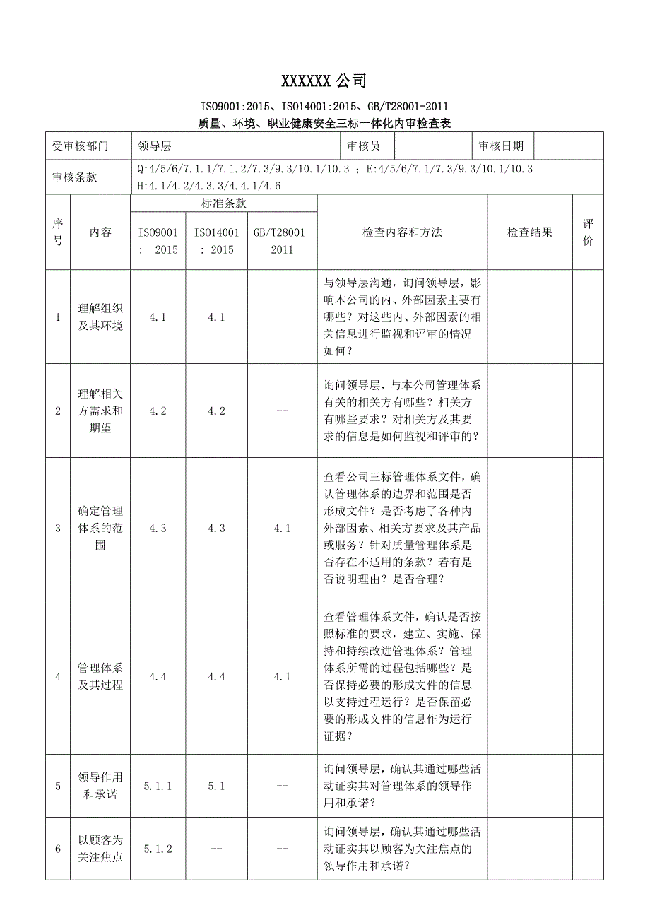 2015版三标一体化管理体系内审检查表_第1页