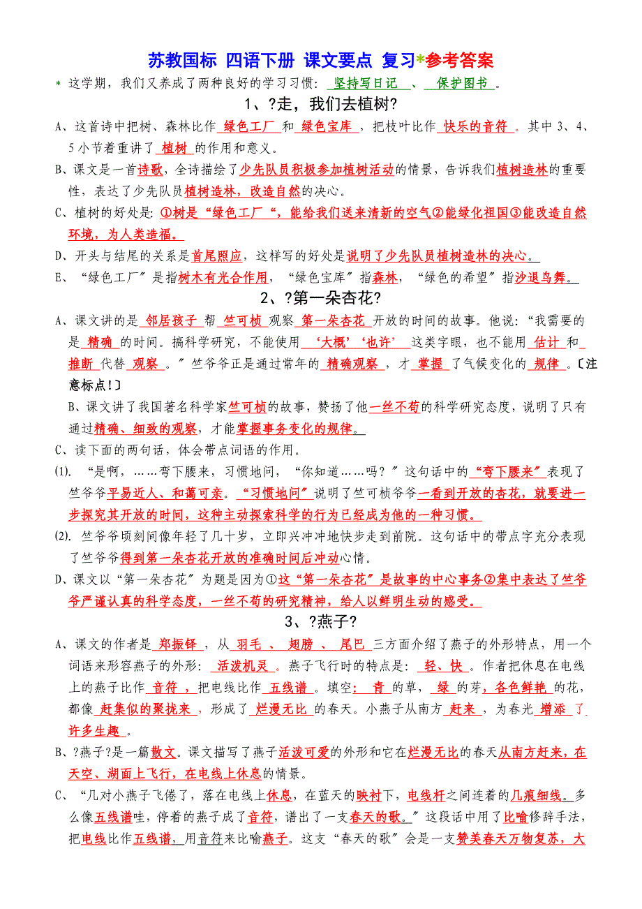 小学苏教版语文四年级下册复习资料_课文要点_复习参考答案11页_第1页