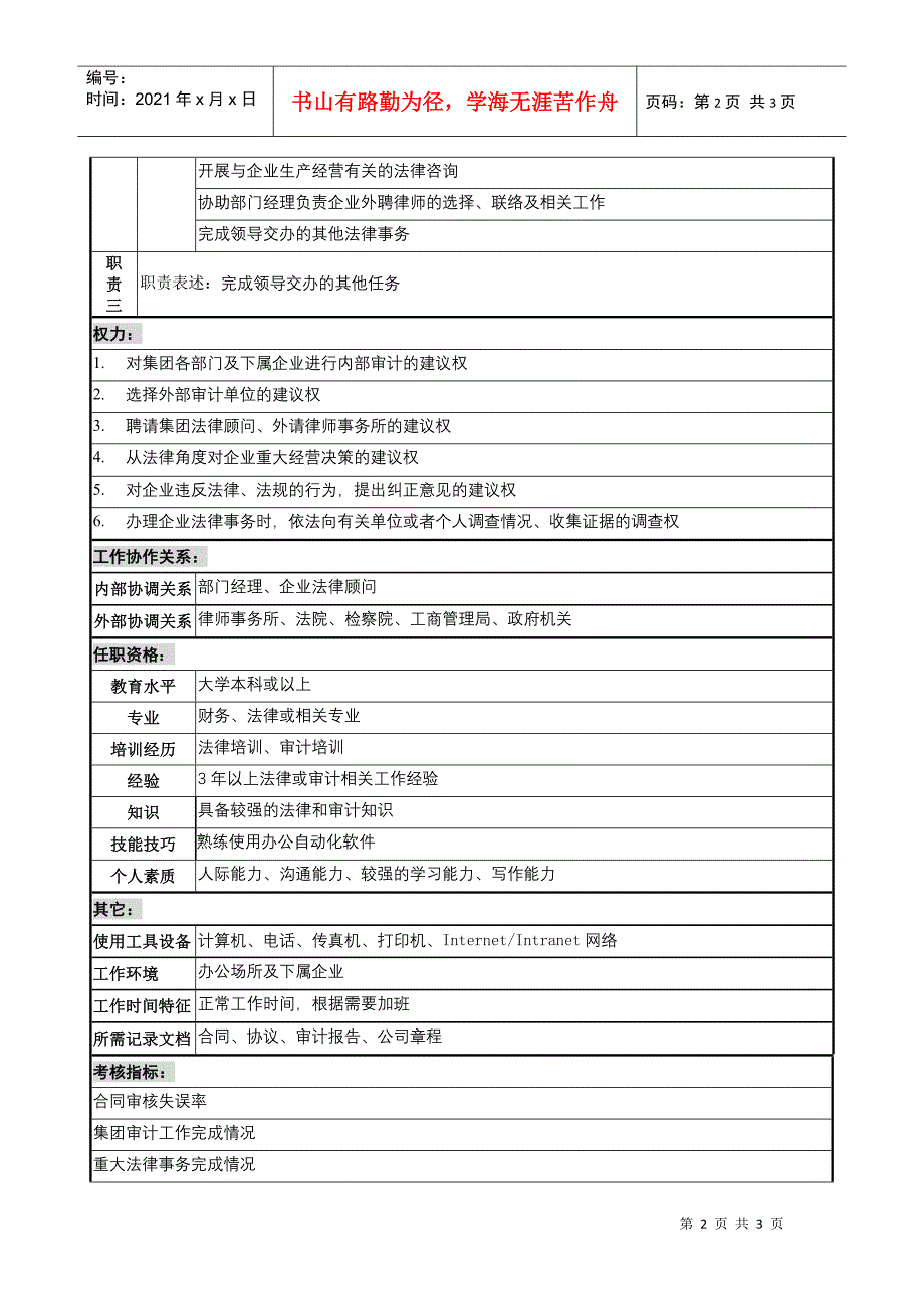 电力集团工作部审计法律岗职务说明书_第2页