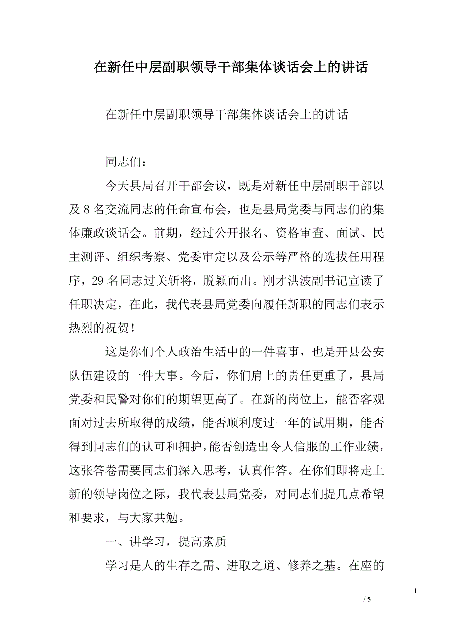 在新任中层副职领导干部集体谈话会上的讲话.doc_第1页