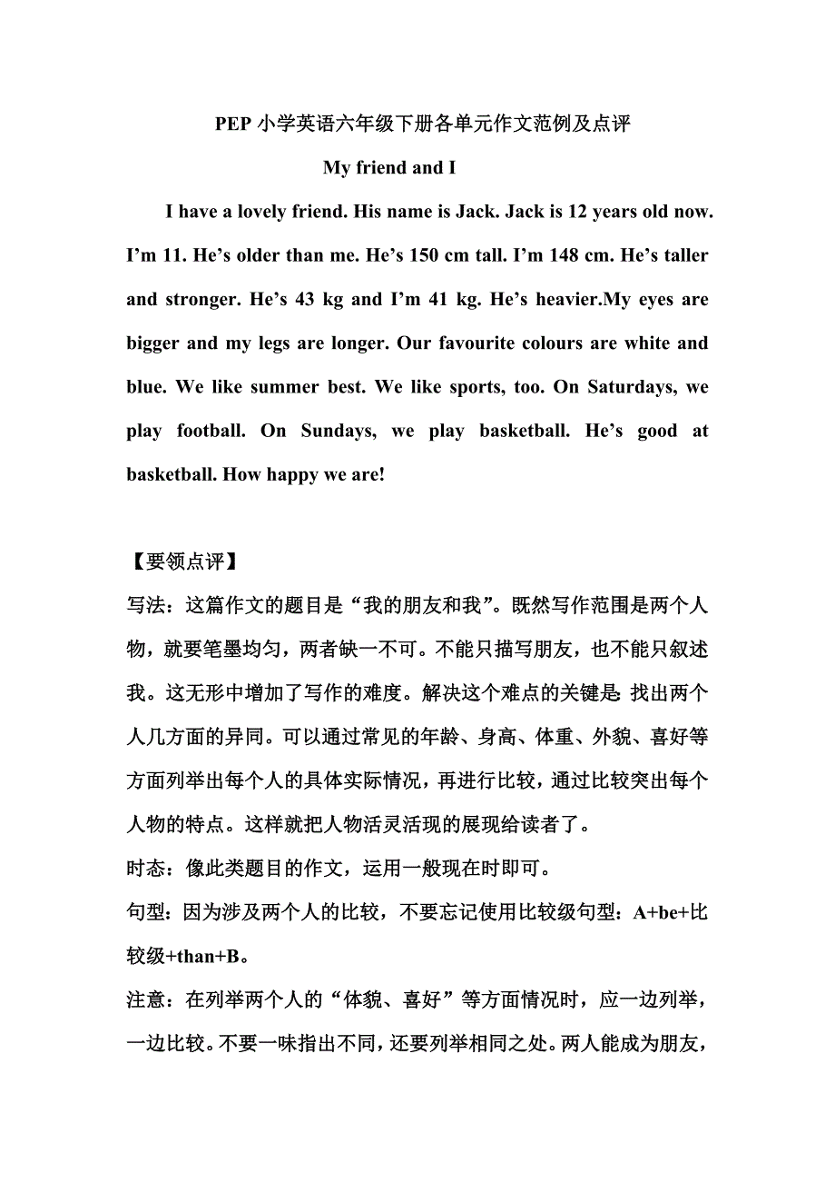 PEP小学英语六年级下册各单元作文范例及点评作者.doc_第1页